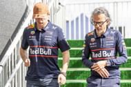 <a href='https://www.sportskeeda.com/player/max-verstappen' target='_blank' rel='noopener noreferrer'>Max Verstappen</a> of the Netherlands and Team Oracle Red Bull Racing (1) talks to Red Bull Team Principal Laurent Mekies - Source: Getty
